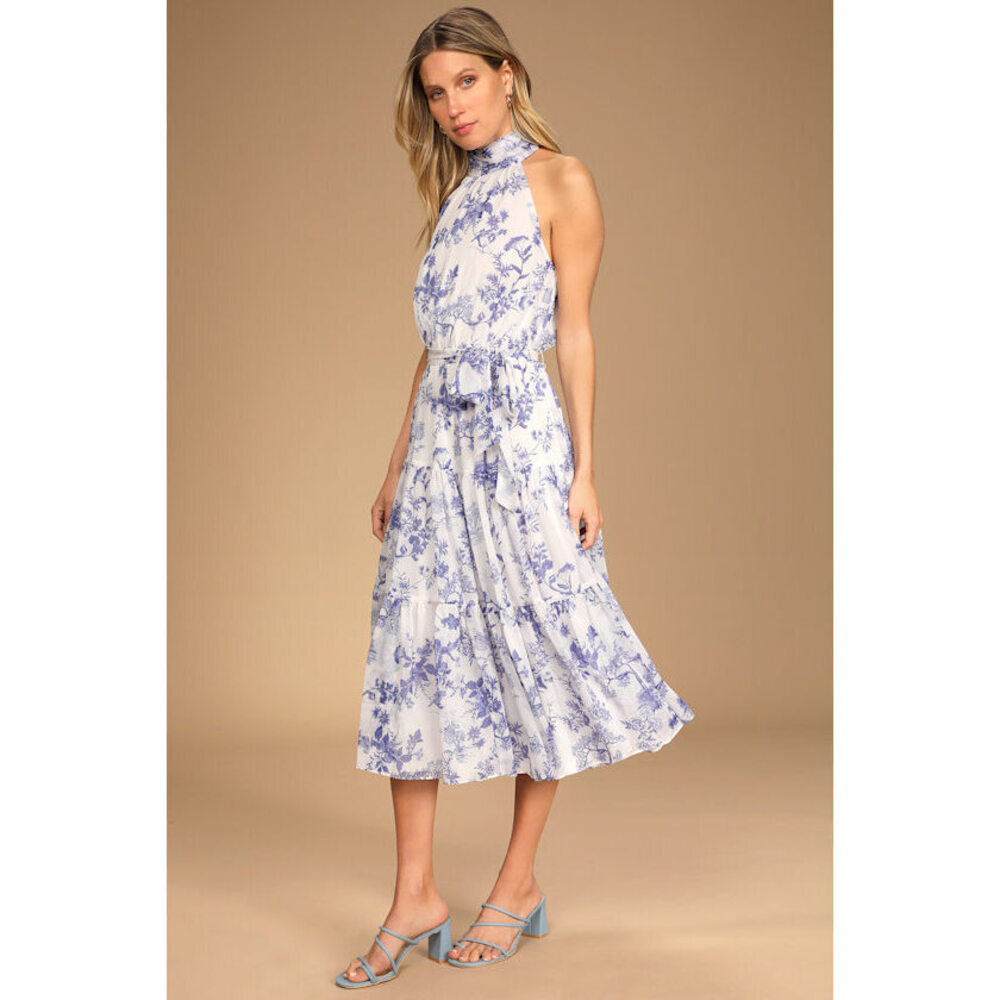 Lulus Float To You White Floral Print Halter Tiered Midi Dress - Size XS